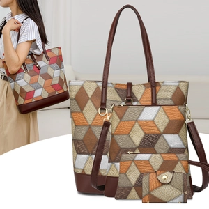 Three-piece textured PU leather handbag set featuring 3D geometric patchwork and brown trim