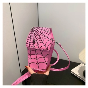 Pink PU leather coffin-shaped crossbody bag with black spider web pattern for women