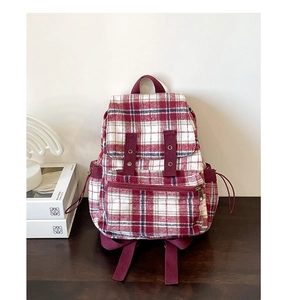 Classic red and white plaid tweed backpack with adjustable straps for women's summer fashion