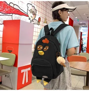 Detail of funny cartoon chicken backpack in black nylon with 3D beak and embroidery