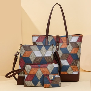 Chic 4-piece PU leather handbag set with colorful geometric patchwork and embossed texture