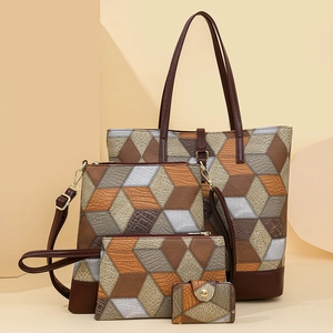 Chic 4-piece PU leather handbag set with geometric pattern and faux crocodile texture