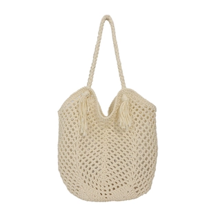 Summer woven crochet tote bag in cream white with fringe detail and mesh texture
