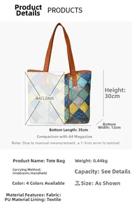 Detail view of multicolored patchwork tote bag showing A4 size capacity and dimensions