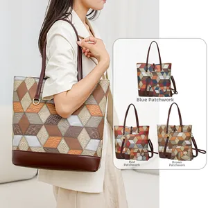 Three-piece geometric puzzle tote bag set with crocodile texture in blue, red, and brown