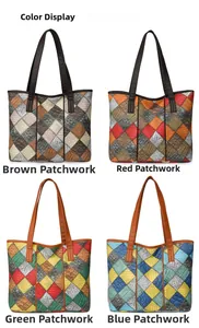 Detail view of large tote bags showing four multi-color checkered embossed leather patterns
