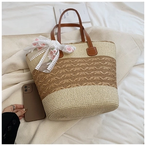 Women Casual Straw Woven Tote Bag With Lace Floral Embroidery Bow Minimalist Large Capacity Shoulder Bag For Summer Beach