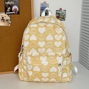 Kawaii Cartoon Heart Printed Nylon Backpack For Women Large Capacity Student School Bag With Plush Dog Charm Casual Travel Backpack