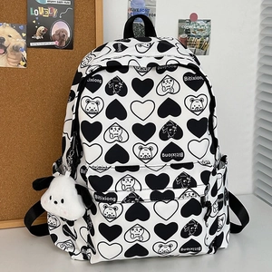 Minimalist white nylon backpack with black heart prints and cute plush dog pendant