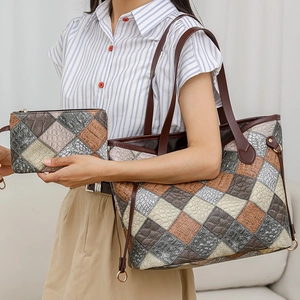 Women's patchwork crocodile texture tote bag and pouch set with adjustable brown strap