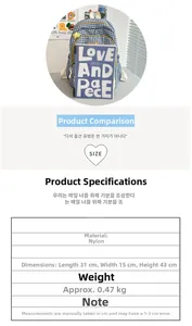 Detailed size chart for nylon plaid backpack measuring 31x15x43cm with 0.47kg weight