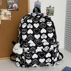 Fashionable nylon heart bear backpack with panda pendant in black and white pattern