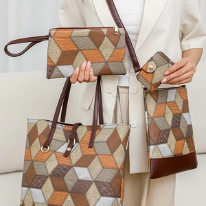 Chic 4-piece PU leather handbag set featuring 3D geometric multi-color pattern design