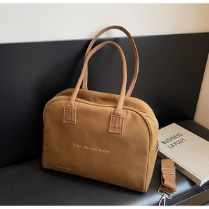 Caramel canvas tote bag with Enjoy Life embroidery, top handles and shoulder strap