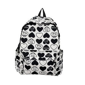 Stylish nylon backpack featuring black heart patterns and cartoon bear prints for women