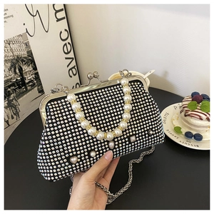 Elegant black rhinestone evening handbag with pearl handle and metal chain strap
