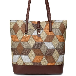 Fashionable PU leather patchwork tote bag with multi-color geometric patterns and handles