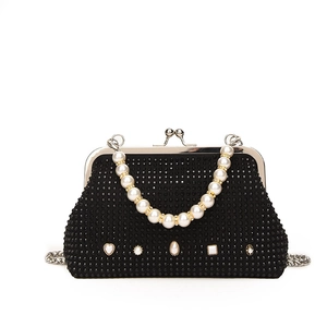 Sparkly black rhinestone evening bag with assorted pearl embellishments and top handle