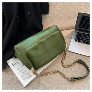 Grass green PU leather tote bag with quilted square stitching and gold chain strap