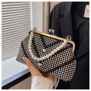 Luxury Rhinestone Evening Clutch Bag With Artificial Pearl Handle Vintage Kiss Lock Crossbody Shoulder Bag For Women Party Wedding