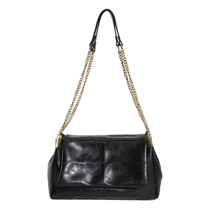 Chic black PU leather shoulder bag with glossy finish and double golden chain straps
