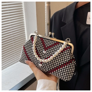 Elegant black heart rhinestone evening bag with pearl handle and Love charm