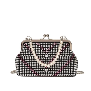 Sparkling rhinestone crossbody bag with heart pattern and pearl handle for women