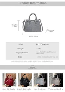 Tableau détaillé des dimensions pour sac à main polyvalent en PU et denim avec fermoir métal