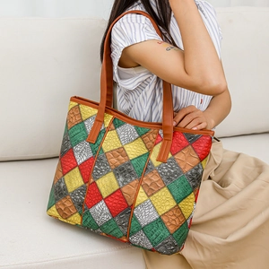 Colorful diamond patchwork tote bag in embossed faux leather with brown shoulder straps
