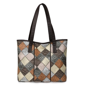 Fashionable PU leather tote bag with multi-color diamond patchwork and crocodile texture