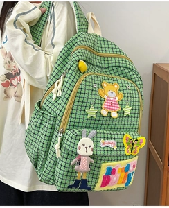 Close-up of Y2K style nylon backpack featuring 3D animal embroidery and DOLLY logo