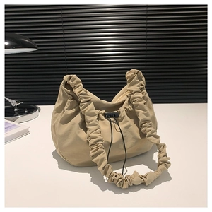 Women Fashion Pleated Shoulder Bag Lightweight Nylon Ruched Crossbody Bag Minimalist Drawstring Cloud Bag Daily Casual