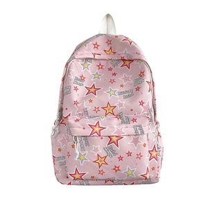 Pink nylon backpack for women with colorful star patterns and a large main compartment