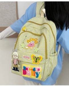 Detail view of the yellow plaid backpack featuring cute embroidered cartoon bear and bunny