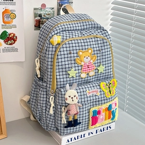 Kawaii Grid Nylon Backpack For Women Cute Cartoon Bear Rabbit Patch Schoolbag Large Capacity Student School Travel Bag