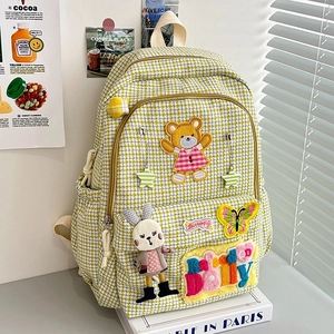 Stylish yellow plaid nylon backpack with cute bear patches and daily embroidery design