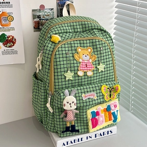 Green checkered nylon backpack with 3D cute bear and bunny patches in academic style