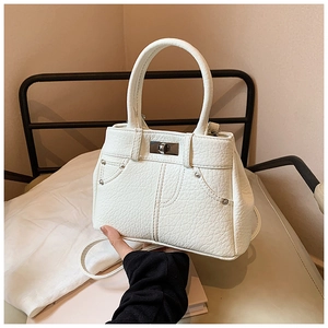 Neu 2024 Sommer PU Leder Damen Umhängetasche Einfach Minimalistisch Litschi-Muster Schultertasche Kleine Quadratische Handtasche Metallsperre Niete Griff Tasche