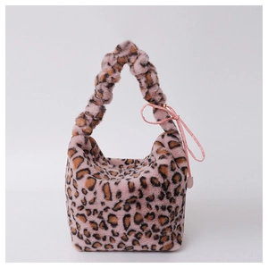 Women Plush Leopard Zebra Animal Print Shoulder Bag Ruched Handle Faux Fur Tote Handbag Soft Crossbody Bag For Casual Travel