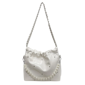 White PU leather shoulder bag with quilted diamond pattern and elegant pearl chain detail