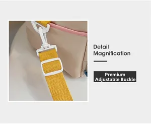 Detailansicht des gelben Webgurts und der weißen Plastikschnalle an der Nylontasche