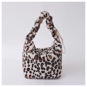 Fuzzy faux fur leopard print handbag with stylish ruched handle for women