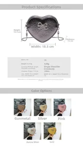Detailed size specifications and multiple color options for the heart shaped PU crossbody bag