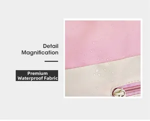 Detailaufnahme des wasserdichten Nylonmaterials in Rosa mit Wassertropfen und Reißverschluss