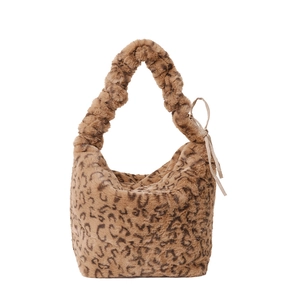 Faux fur leopard print crossbody bag with ruched handles and beige silk ribbon detail
