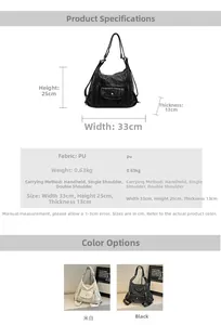 Detailed chart showing PU leather bag dimensions, weight, and versatile carrying options