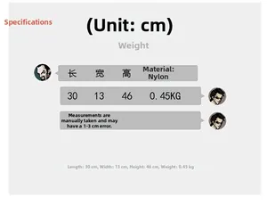 Detailed size chart for nylon backpack with dimensions 30x13x46cm and 0.45kg weight info
