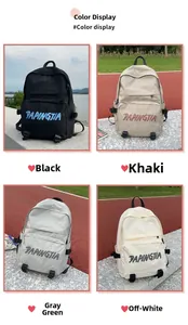 Four colors of minimalist nylon backpacks including black, khaki, green and off-white options