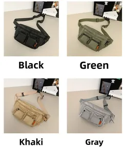Detail view of water-resistant nylon waist bags in black, green, khaki, and grey colors