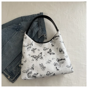 Grand sac cabas en cuir PU avec motifs papillons vintage et poignées noires élégantes